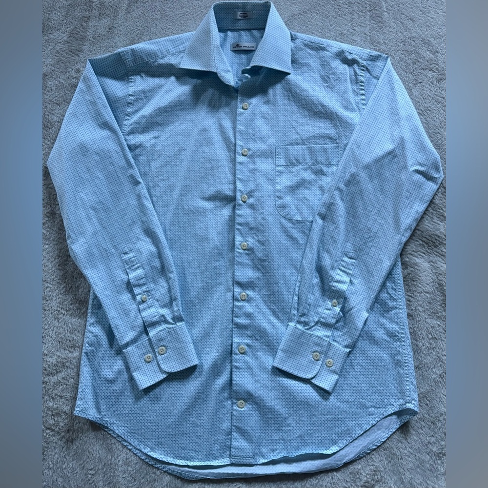 Men’s Peter Millar Light Blue Patterned Long Sleeve Dress Shirt (M)